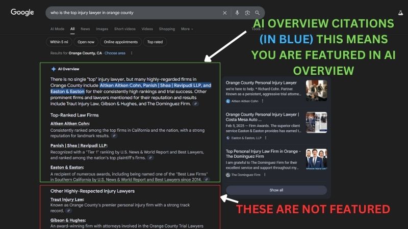 Split-screen “Before vs After” left side blank search, right side highlighted AI Overview result. Comparison of a site not shown in AI Overview versus one featured.
